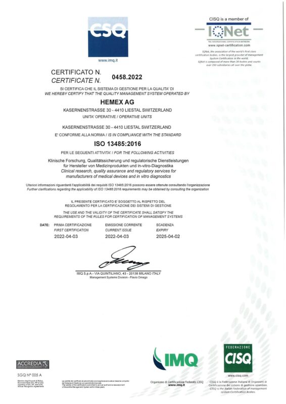 Scan of ISO 13485:2016 certificate addressed to Hemex AG