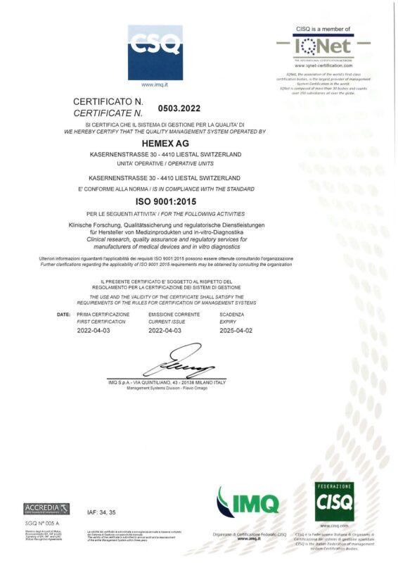 Scan of ISO 9001:2015 certificate addressed to Hemex AG