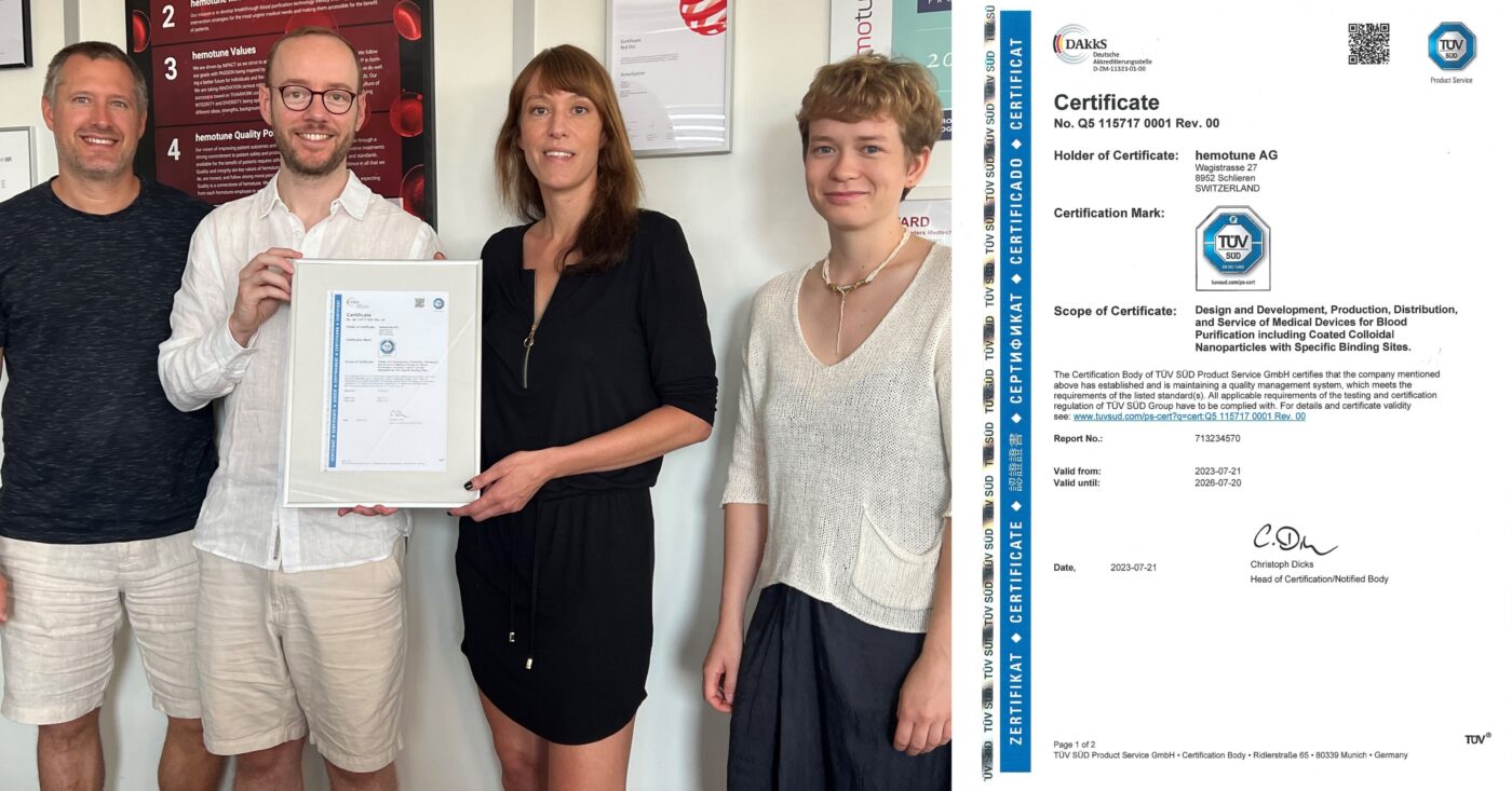 Proud hemotune AG team showing ISO 13485 certificate