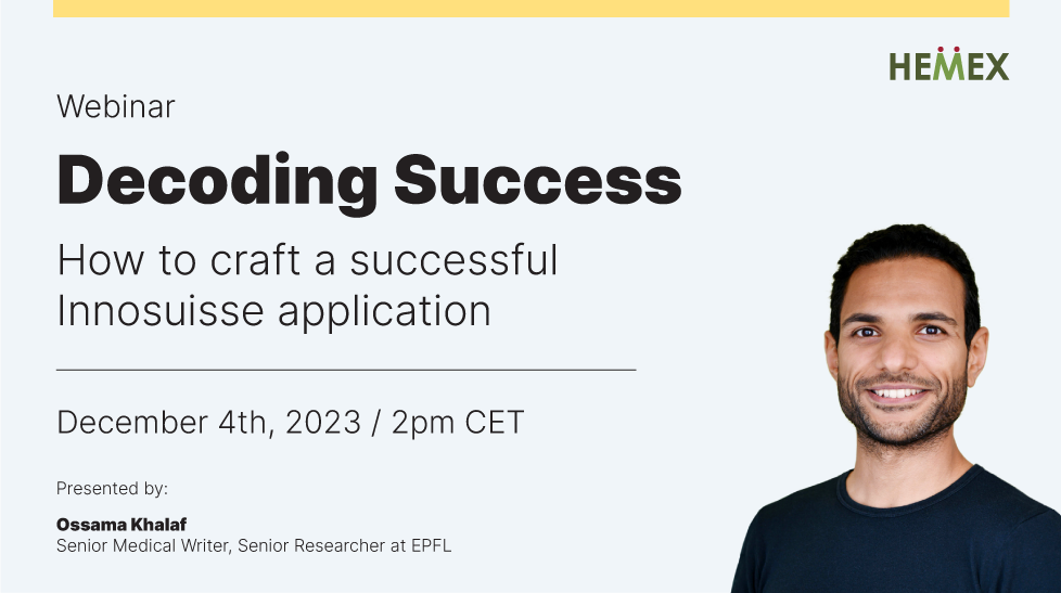 Invitation to Hemex webinar about crafting a successful Innosuisse application on 4th December 2023